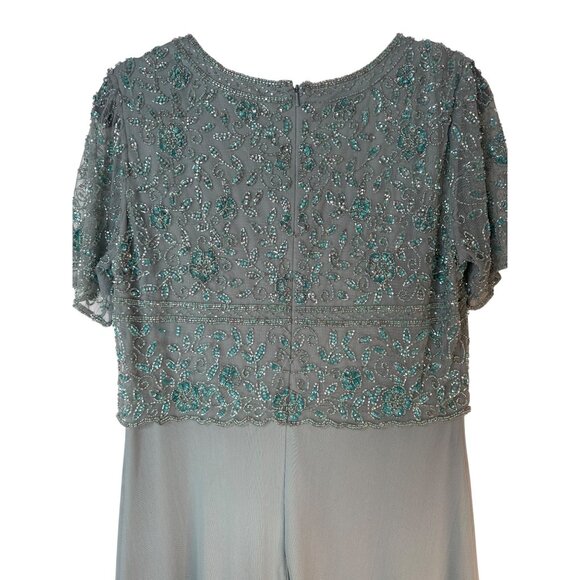 Pisarro Nights Size 10 Aqua Green Beaded Short Sleeve Evening Dress - Picture 14 of 16
